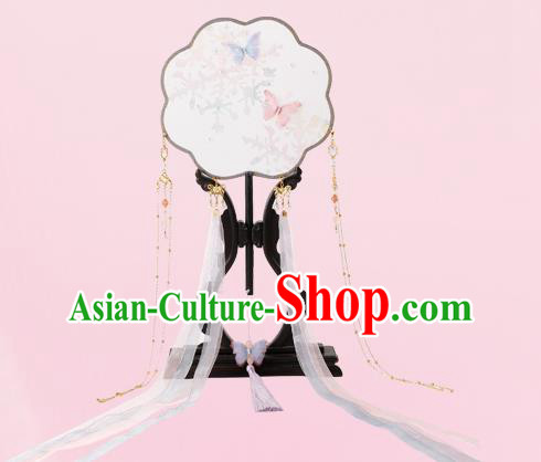 China Handmade Palace Fan Traditional Jin Dynasty Princess Silk Fan Classical Ribbon Tassel Fan