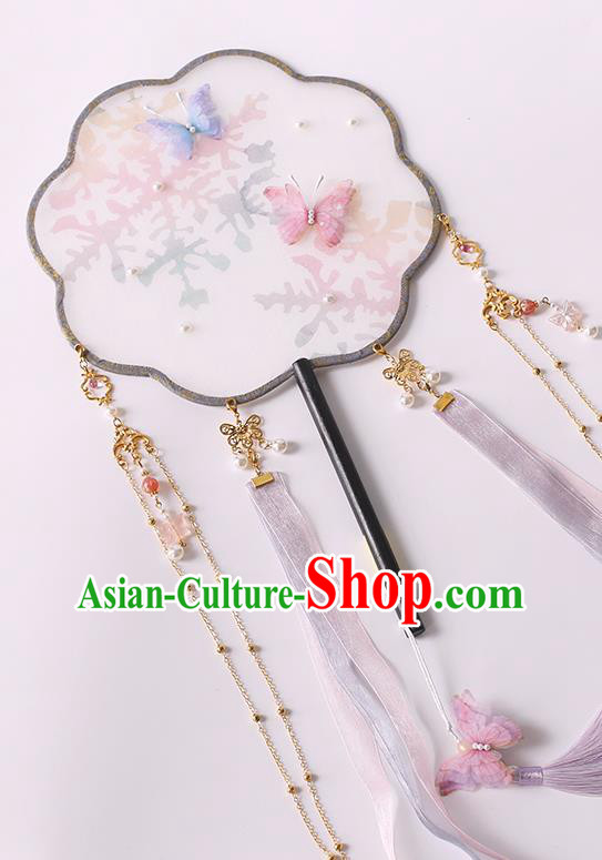 China Handmade Palace Fan Traditional Jin Dynasty Princess Silk Fan Classical Ribbon Tassel Fan