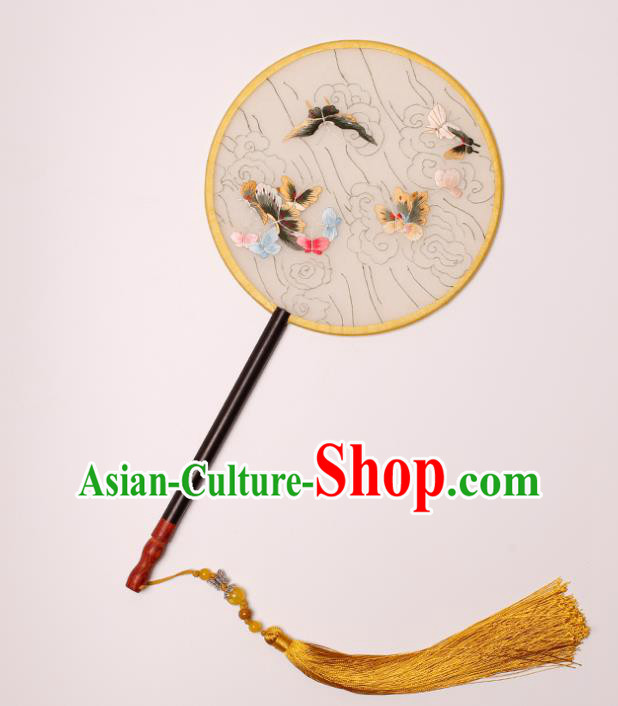 China Classical Dance Palace Fan Traditional Hanfu Silk Fan Handmade Embroidered Butterfly Circular Fan