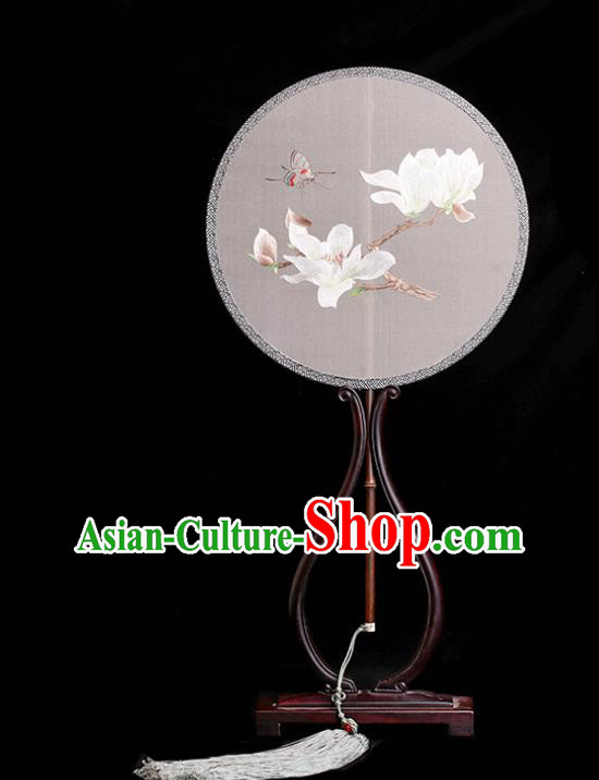 China Classical Silk Palace Fan Traditional Hanfu Fan Handmade Embroidered Mangnolia Circular Fan