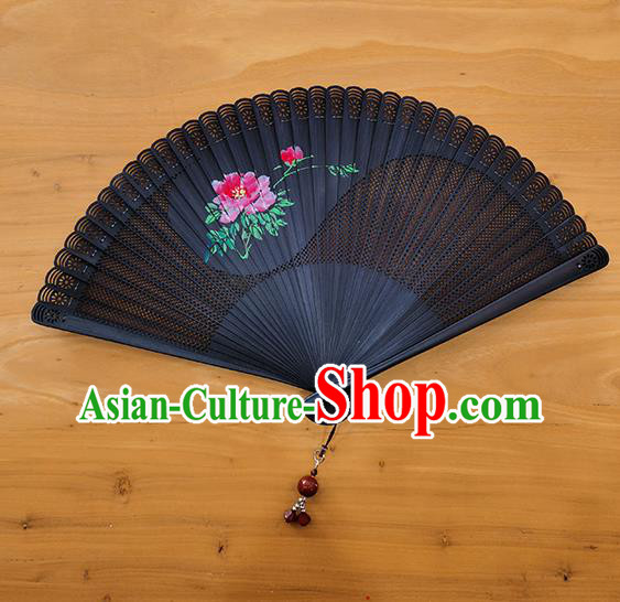 Chinese Traditional Black Bamboo Accordion Classical Tai Chi Folding Fan Handmade Painting Peony Hollow Fan
