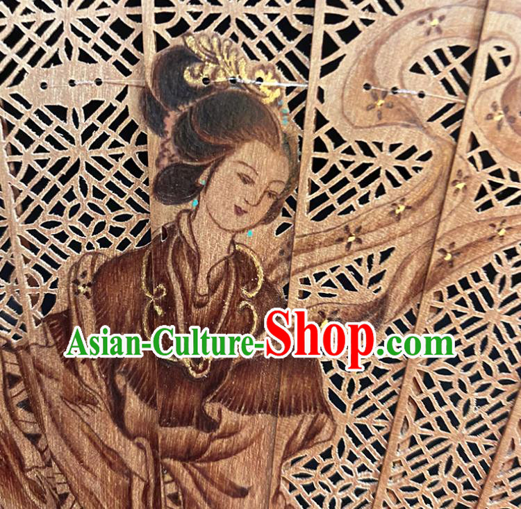 Chinese Handmade Carving Goddess Folding Fan Hollow Accordion Classical Sandalwood Fan