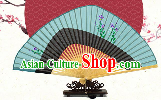Chinese Printing Green Silk Fan Traditional Kung Fu Accordion Handmade Tai Chi Folding Fan