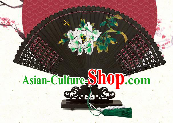 Chinese Handmade Kung Fu Folding Fan Traditional Printing Peony Black Bamboo Fan