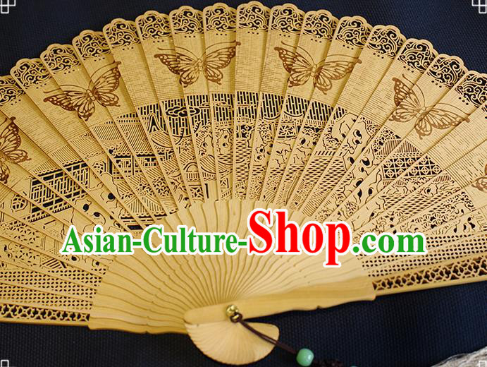 Chinese Printing Butterfly Folding Fan Traditional Hollow Fan Handmade Sandalwood Fan