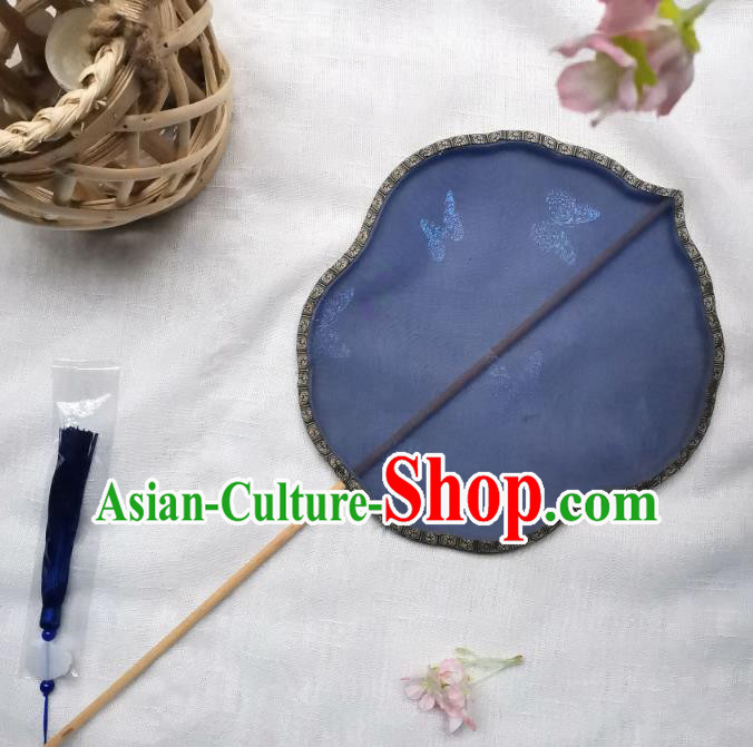 China Classical Butterfly Pattern Blue Silk Fan Traditional Hanfu Princess Fan Handmade Palace Fan