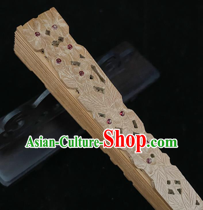 Chinese Handmade Hollow Sandalwood Accordion Folding Fan Classical Gems FanChinese Handmade Hollow Sandalwood Accordion Folding Fan Classical Gems Fan