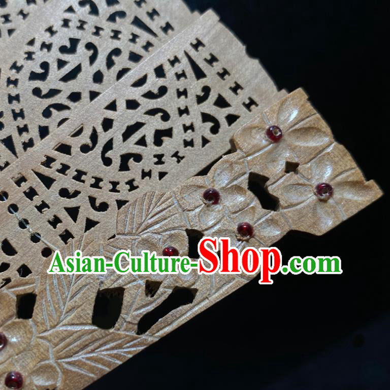Chinese Handmade Hollow Sandalwood Accordion Folding Fan Classical Gems Fan