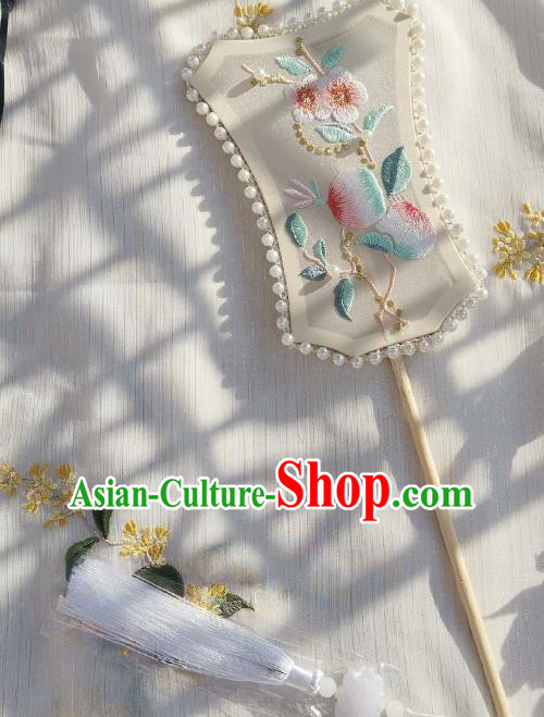 China Classical Pearls Fan Traditional Jin Dynasty Princess Silk Fan Handmade Embroidered Peach Flowers Palace Fan