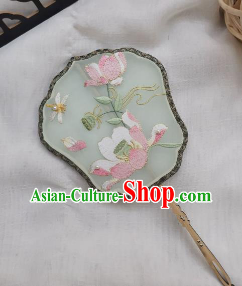 China Traditional Song Dynasty Court Fan Handmade Embroidered Lotus Palace Fan Classical Green Silk Fan