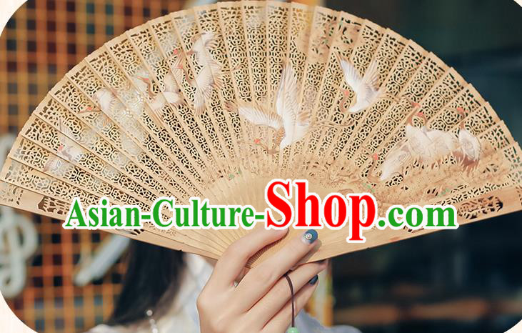 Chinese Handmade Sandalwood Folding Fan Hollow Accordion Classical Printing Cranes Fan