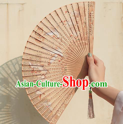 Chinese Handmade Sandalwood Folding Fan Hollow Accordion Classical Printing Cranes Fan