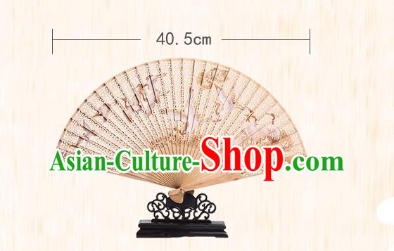 Chinese Handmade Sandalwood Folding Fan Hollow Accordion Classical Printing Cranes Fan