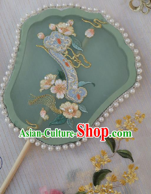 China Traditional Hanfu Pearls Fan Handmade Embroidered Ruyi Palace Fan Classical Green Silk Fan