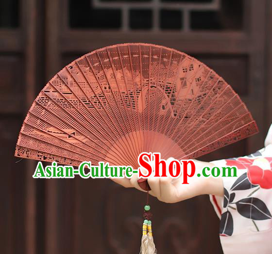 Chinese Handmade Carving Jiangnan Watertown Fan Craft Hollow Sandalwood Accordion Classical Folding Fan