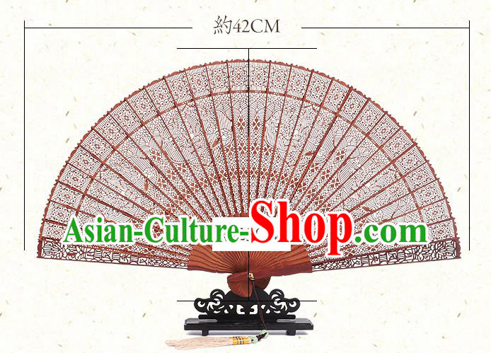 Chinese Classical Folding Fan Handmade Hollow Fan Traditional Red Sandalwood Accordion