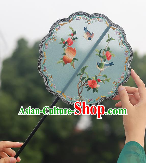 China Traditional Song Dynasty Wedding Fan Classical Blue Silk Fan Handmade Embroidered Palace Fan