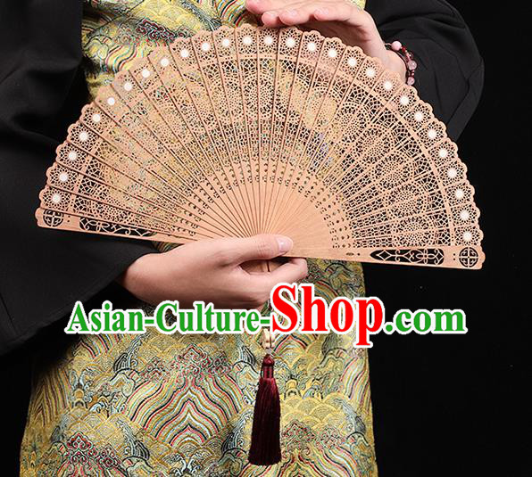 Chinese Handmade Sandalwood Fan Traditional Carving Peacock Feather Accordion Classical Folding Fan