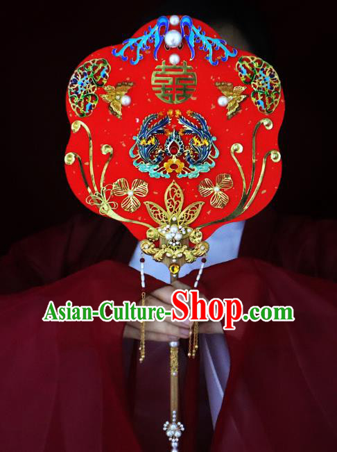 China Handmade Blueing Phoenix Palace Fan Classical Red Fan Traditional Wedding Fan