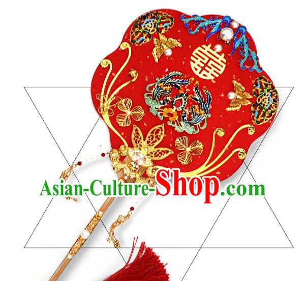 China Handmade Blueing Phoenix Palace Fan Classical Red Fan Traditional Wedding Fan