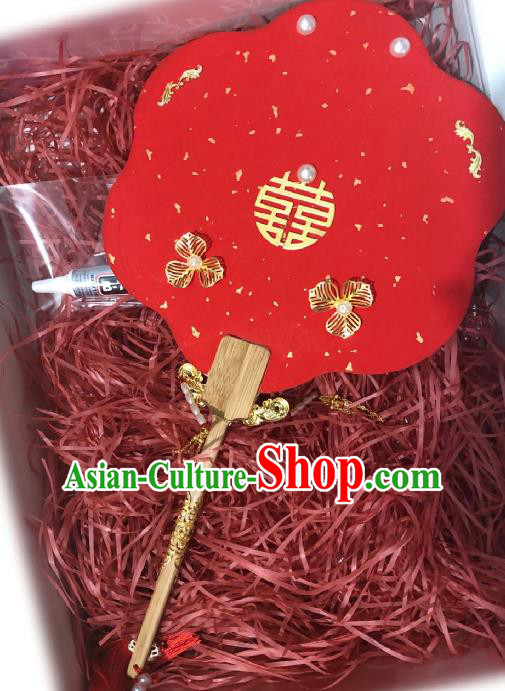 China Handmade Blueing Phoenix Palace Fan Classical Red Fan Traditional Wedding Fan