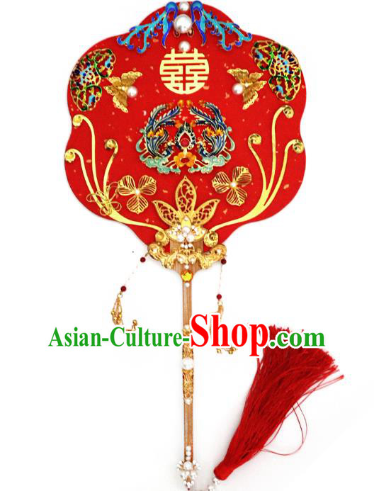 China Handmade Blueing Phoenix Palace Fan Classical Red Fan Traditional Wedding Fan