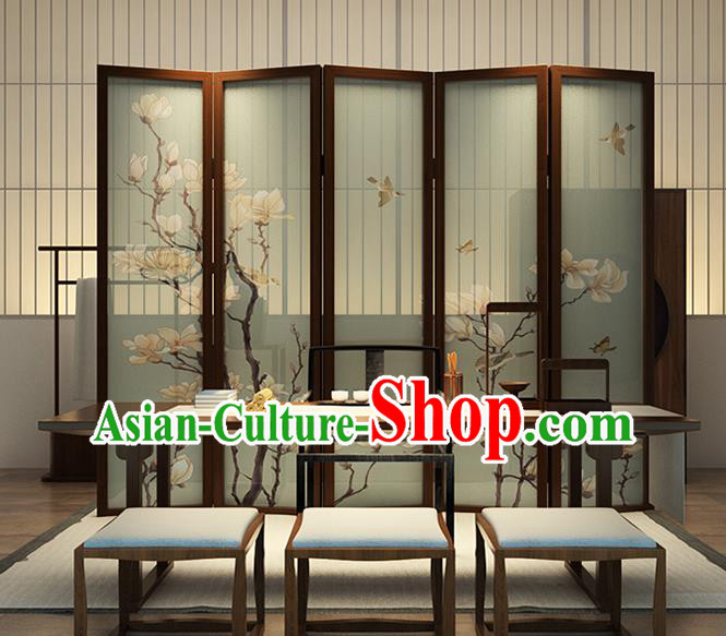 Chinese Handmade Rosewood Screen Printing Mangnolia Folding Screens