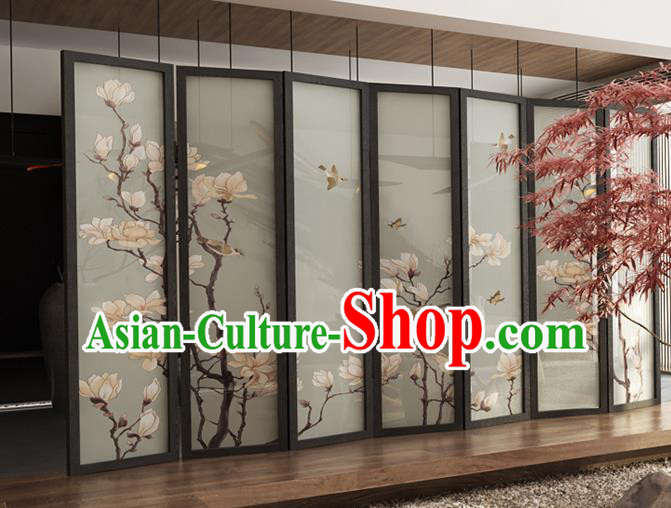 Chinese Handmade Rosewood Screen Printing Mangnolia Folding Screens