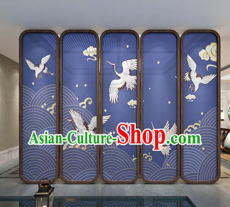 Chinese Handmade Walnut Screen Printing Crane Blue Silk Folding Screens