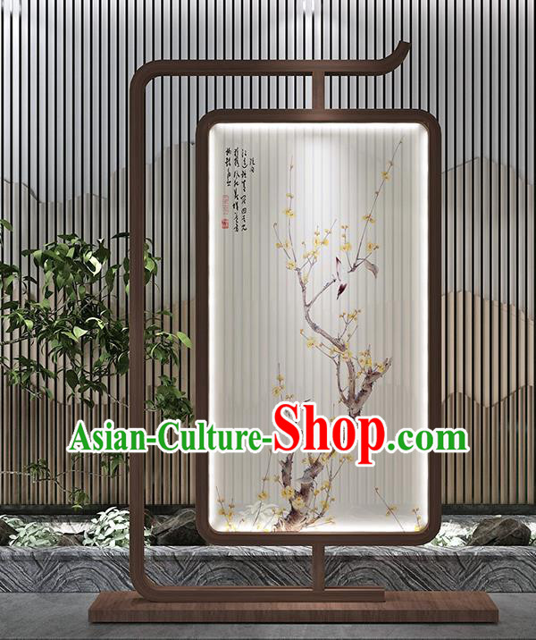 Chinese Handmade Walnut Stand Screen Printing Plum Bird Floor Lantern