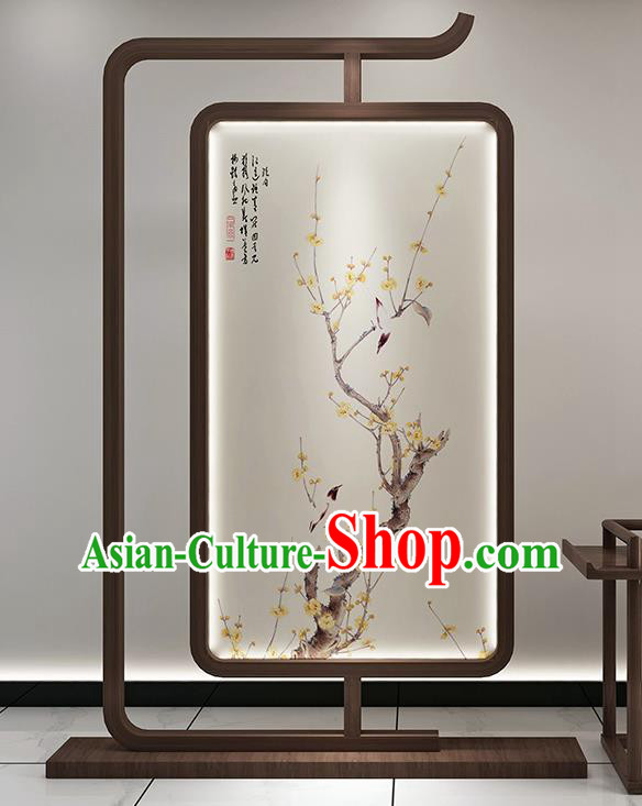 Chinese Handmade Walnut Stand Screen Printing Plum Bird Floor Lantern