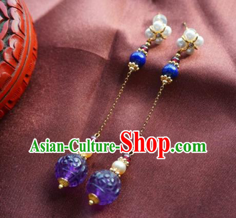 China Handmade Lapis Ear Accessories Traditional Cheongsam Amethyst Pearls Earrings