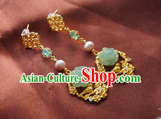 China Handmade Jadeite Peony Ear Accessories Traditional Cheongsam Golden Earrings