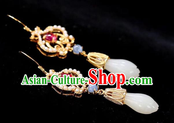 China Handmade Jade Mangnolia Ear Accessories Traditional Cheongsam Tourmaline Earrings