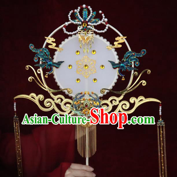 China Classical Hanfu Bride Fan Traditional Wedding Golden Tassel Circular Fan Handmade Blueing Phoenix Palace Fan