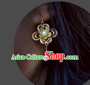 China Traditional Cheongsam Golden Flower Earrings Handmade Qing Dynasty Pearls Ear Accessories