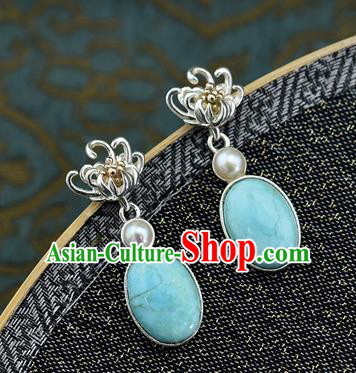 China Traditional Cheongsam Silver Chrysanthemum Earrings Handmade Kallaite Ear Accessories