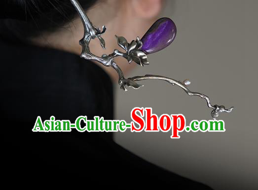 Chinese Traditional Hair Accessories National Silver Mangnolia Hair Stick Cheongsam Amethyst Hairpin