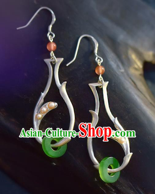 China Traditional Cheongsam Silver Vase Earrings Handmade Jadeite Ring Ear Accessories