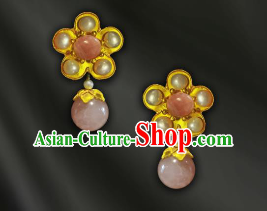 China Handmade Pearls Plum Ear Accessories Traditional Cheongsam Rose Quartz Tassel Earrings