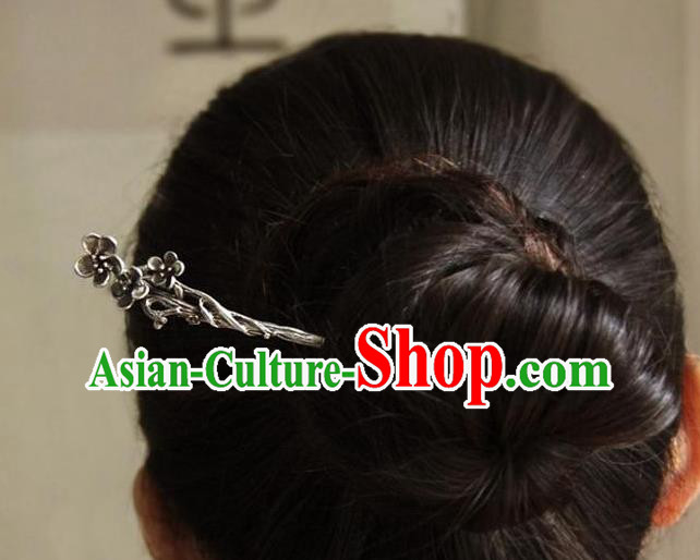 Chinese Handmade Cheongsam Hairpin Traditional Hair Accessories National Silver Carving Plum Hair Stick