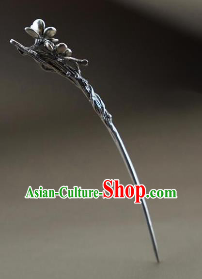 Chinese Handmade Cheongsam Hairpin Traditional Hair Accessories National Silver Carving Plum Hair Stick