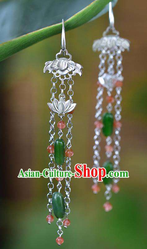 China Handmade Silver Lotus Ear Accessories Traditional Cheongsam Jadeite Tassel Earrings
