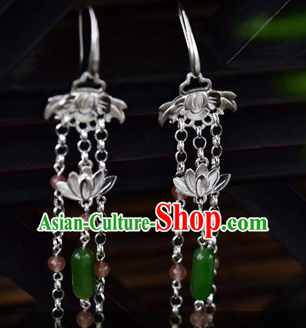 China Handmade Silver Lotus Ear Accessories Traditional Cheongsam Jadeite Tassel Earrings