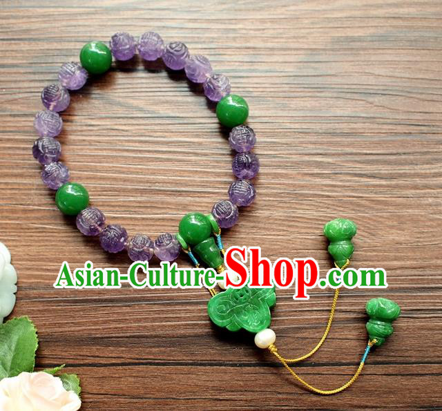 Chinese National Cheongsam Amethyst Brooch Traditional Qing Dynasty Jade Gourd Tassel Bracelet