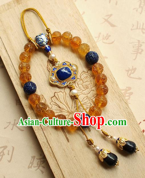 Chinese Traditional Qing Dynasty Topaz Beads Bracelet National Cheongsam Lapis Brooch