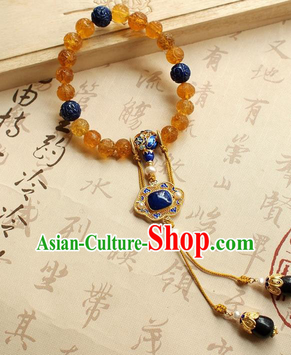 Chinese Traditional Qing Dynasty Topaz Beads Bracelet National Cheongsam Lapis Brooch