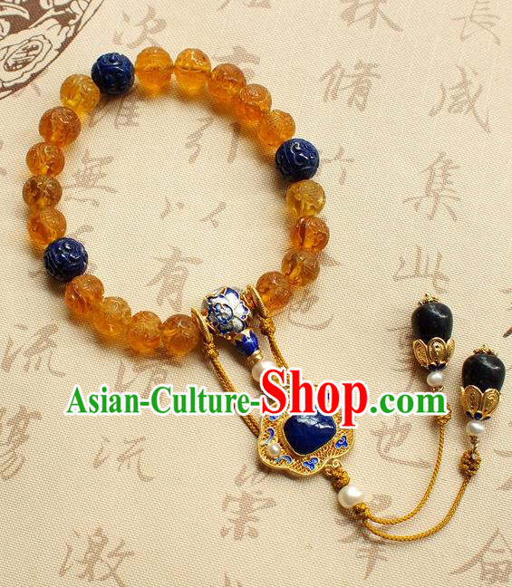 Chinese Traditional Qing Dynasty Topaz Beads Bracelet National Cheongsam Lapis Brooch
