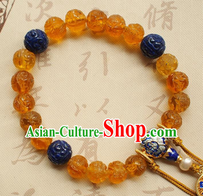 Chinese Traditional Qing Dynasty Topaz Beads Bracelet National Cheongsam Lapis Brooch