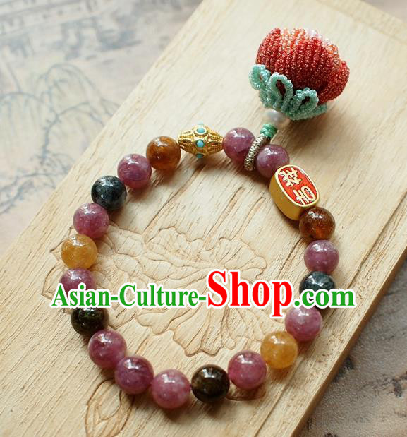Chinese National Cheongsam Beads Lotus Wristlet Accessories Traditional Qing Dynasty Amethyst Bracelet